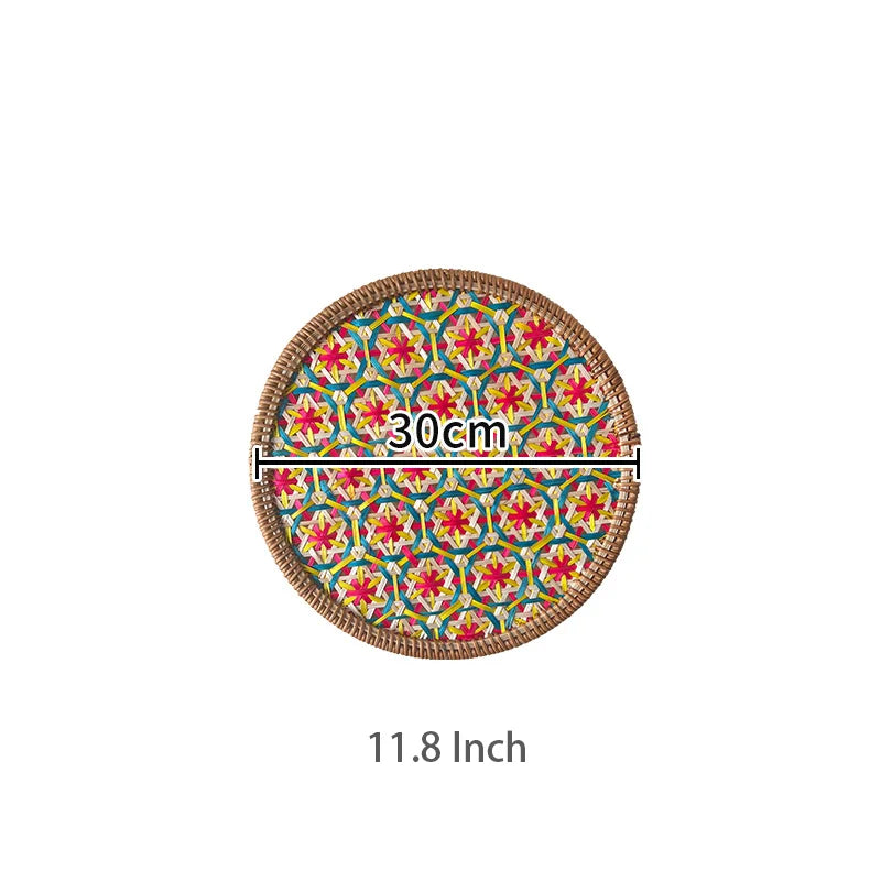 Decorative round tray with colorful pattern and measurement text on a white background
