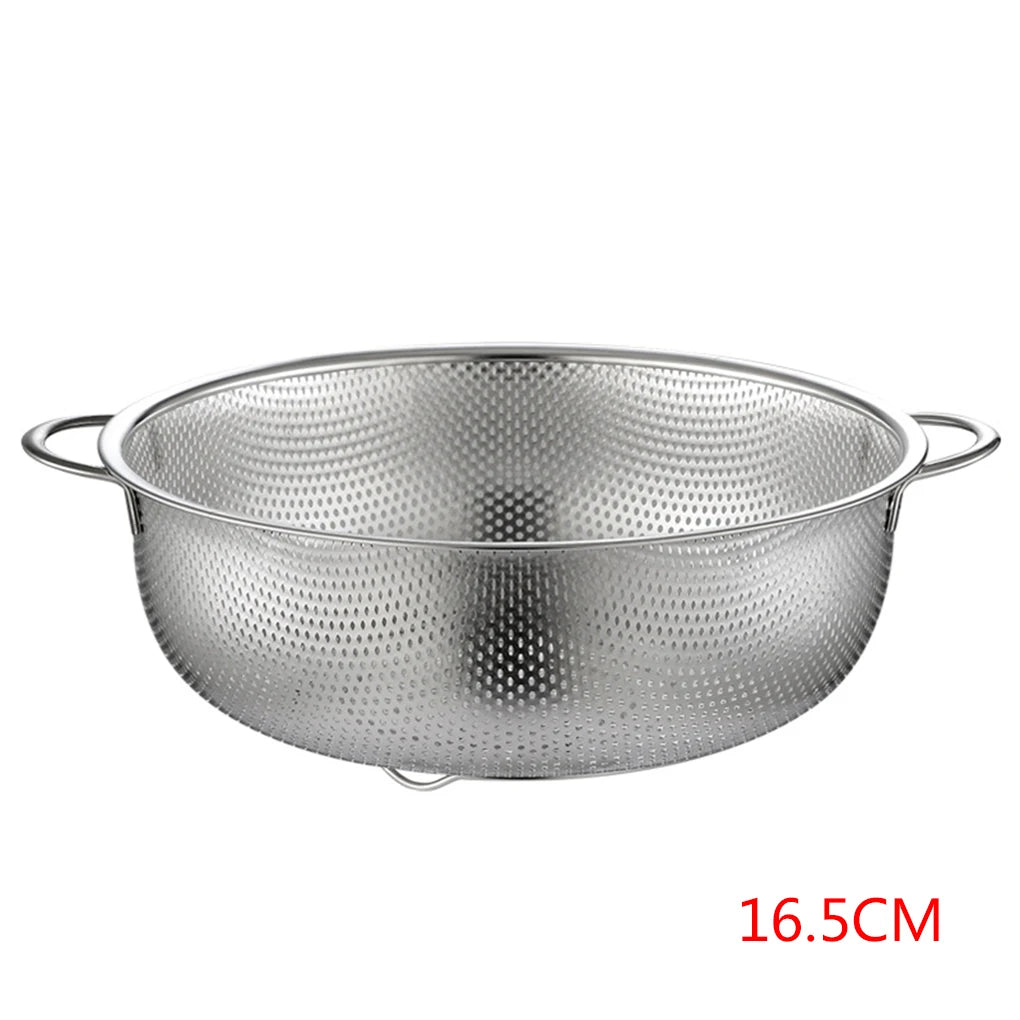 Stainless steel fine mesh strainer and colander set with handles and resting base for kitchen drainage and rinsing tasks.