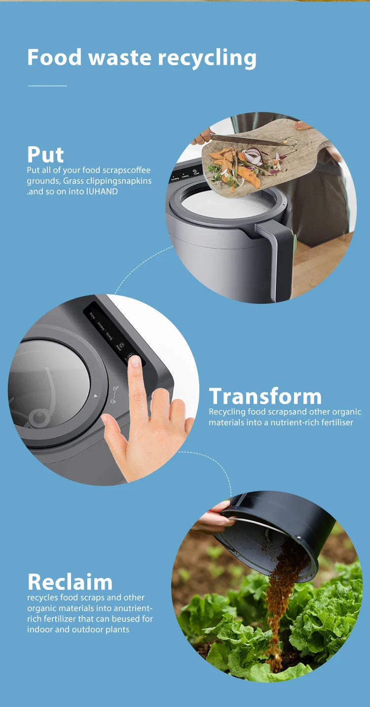 Envitek Recycle Food Machine in a modern kitchen setting, showcasing its sleek black design and stainless steel grinding chamber for effective food waste composting.