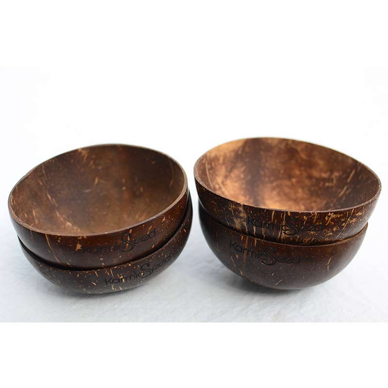 Four handcrafted coconut bowls on a natural wooden surface, surrounded by fresh tropical fruits. Each bowl has a smooth, polished finish with no branding or logo. Earthy and minimal.