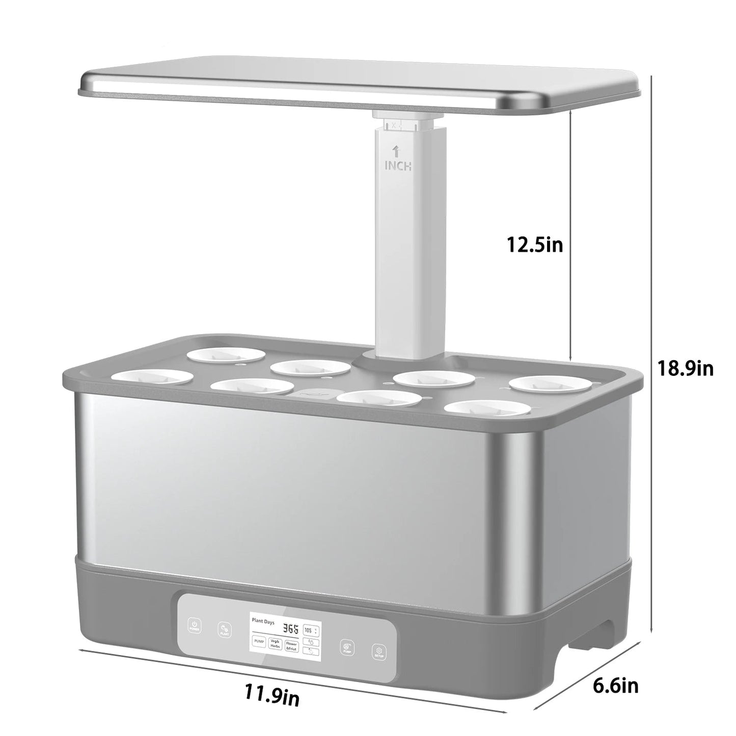 Smart indoor herb garden kit with 8 hydroponic pods, LED grow lights, and WiFi remote control, displayed on a kitchen counter.