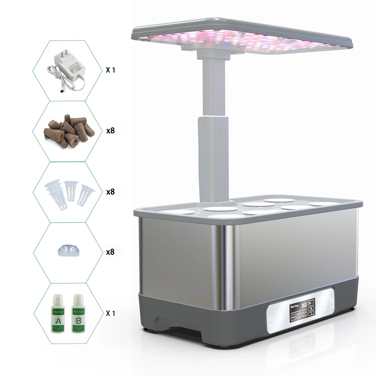 Smart indoor herb garden kit with 8 hydroponic pods, LED grow lights, and WiFi remote control, displayed on a kitchen counter.