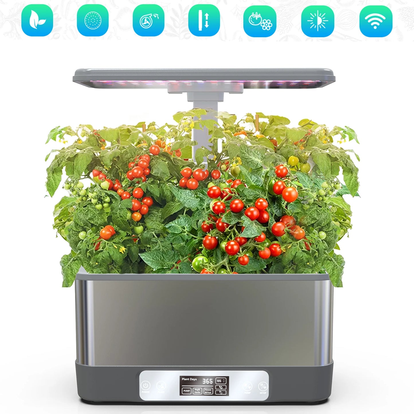 Smart indoor herb garden kit with 8 hydroponic pods, LED grow lights, and WiFi remote control, displayed on a kitchen counter.