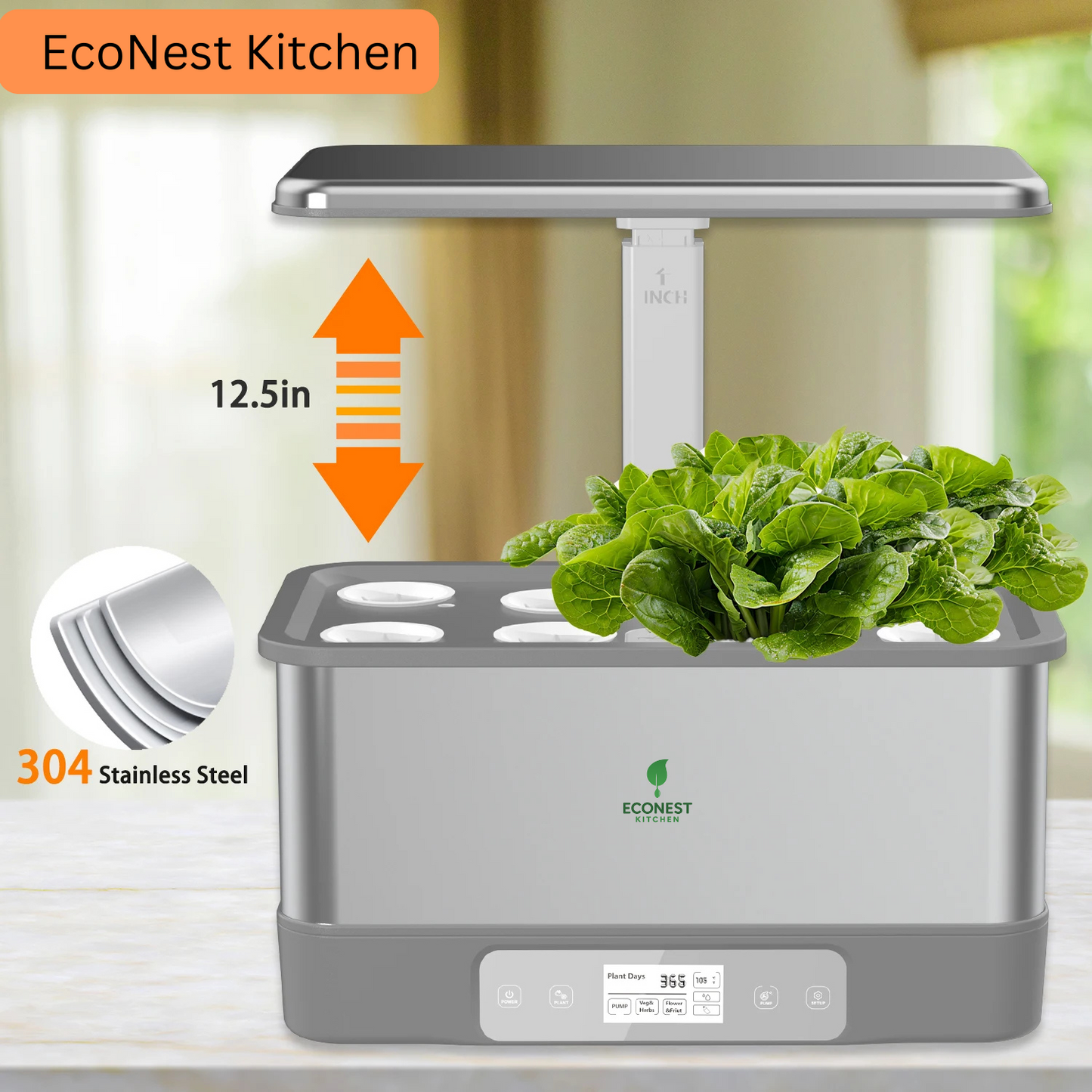 Smart indoor herb garden kit with 8 hydroponic pods, LED grow lights, and WiFi remote control, displayed on a kitchen counter.