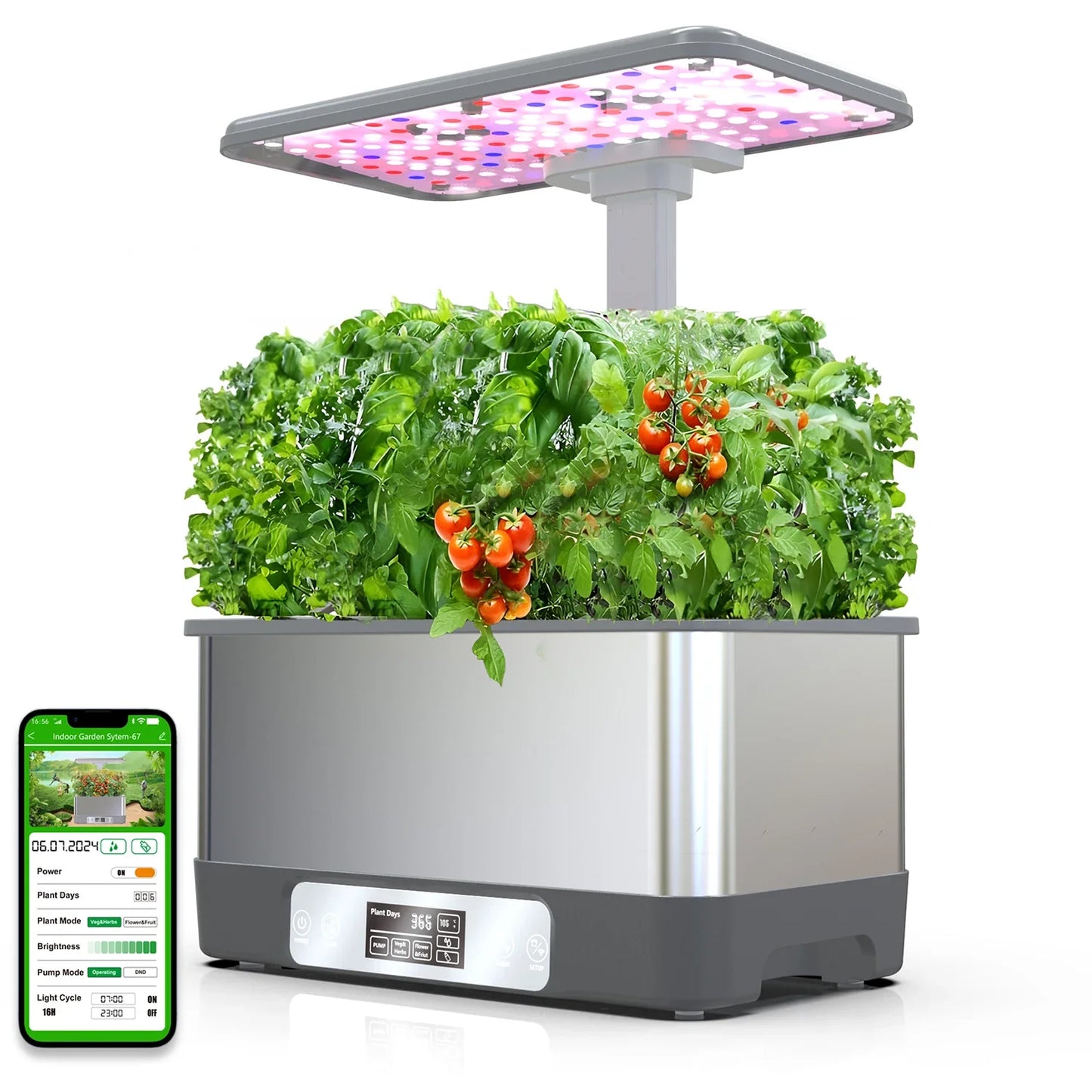 Smart indoor herb garden kit with 8 hydroponic pods, LED grow lights, and WiFi remote control, displayed on a kitchen counter.