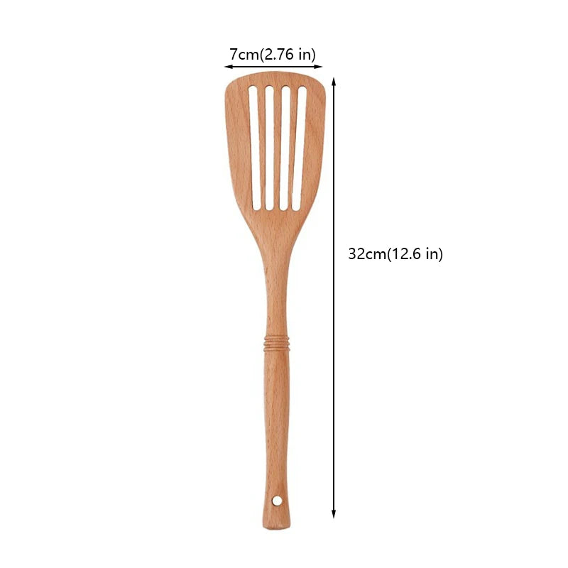 Natural wood kitchen utensils set including spatula and spoon for eco-friendly, non-stick cooking.