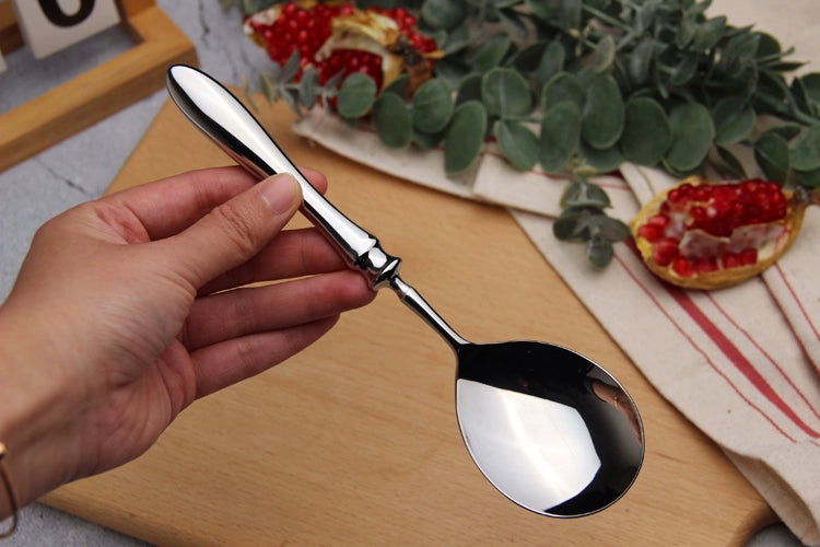 Stainless steel public meal sharing spoon and large meat fork set for BBQ, outdoor dining, and communal meals, with solid bar handle design.