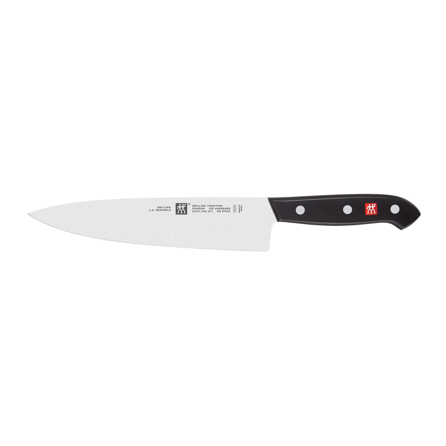 Chef's knife with a black handle on a white background