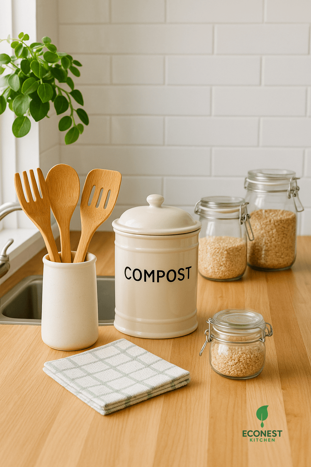 Eco-friendly kitchen with bamboo utensils, reusable dishcloths, and a stylish compost bin on a wooden countertop.