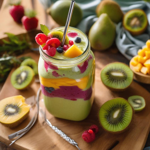 A vibrant layered smoothie in a glass jar featuring green, yellow, and pink layers, topped with fresh raspberries, blueberries, mango chunks, kiwi slices, and a stainless steel straw.