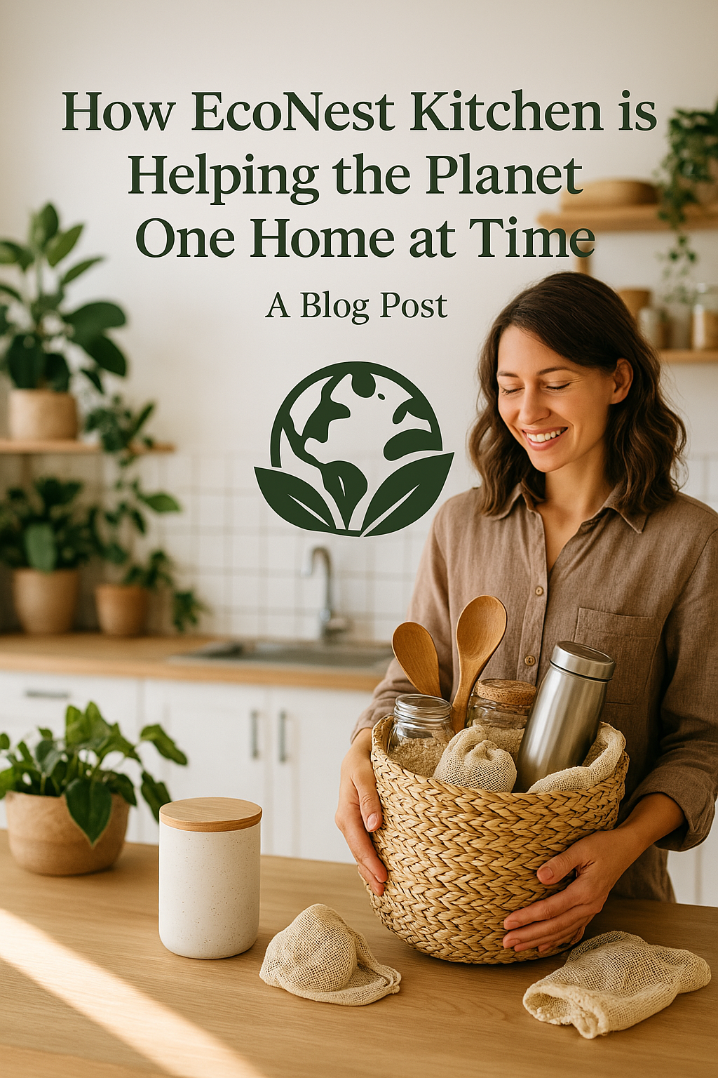 Woman smiling in a sustainable kitchen holding a basket of eco-friendly items, symbolizing EcoNest Kitchen’s mission to help the planet one home at a time.