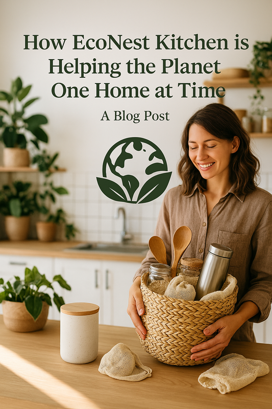 Woman smiling in a sustainable kitchen holding a basket of eco-friendly items, symbolizing EcoNest Kitchen’s mission to help the planet one home at a time.