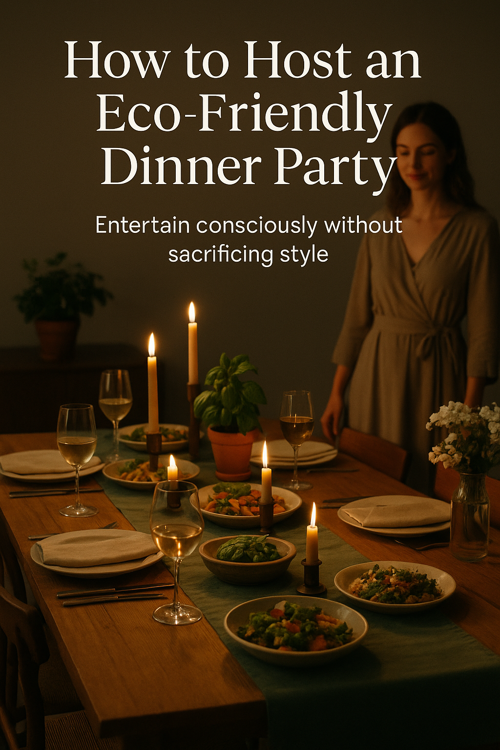 An elegant eco-friendly dinner party setup with a wooden table, reusable tableware, cloth napkins, beeswax candles, potted herbs, and plant-based dishes, as a woman in a neutral-toned dress stands nearby in a softly lit room.