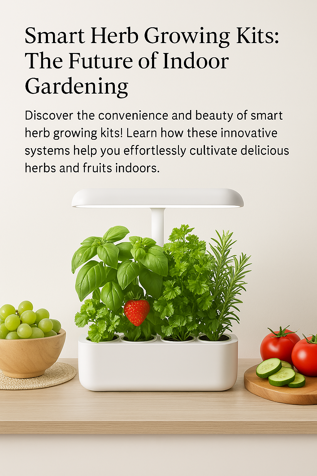 Modern smart herb growing kit on kitchen counter with basil, parsley, rosemary, and fresh produce like tomatoes and grapes nearby.