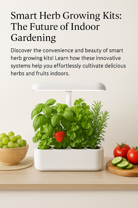 Modern smart herb growing kit on kitchen counter with basil, parsley, rosemary, and fresh produce like tomatoes and grapes nearby.