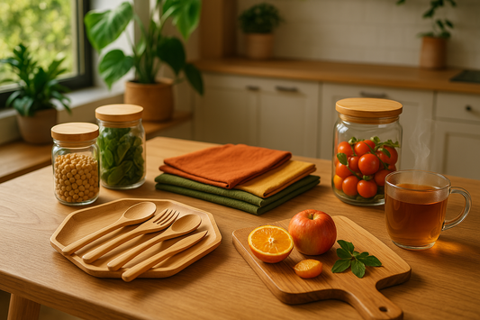 Eco-friendly kitchen setup with bamboo utensils, glass storage containers, and cloth napkins, for sustainable kitchen practices