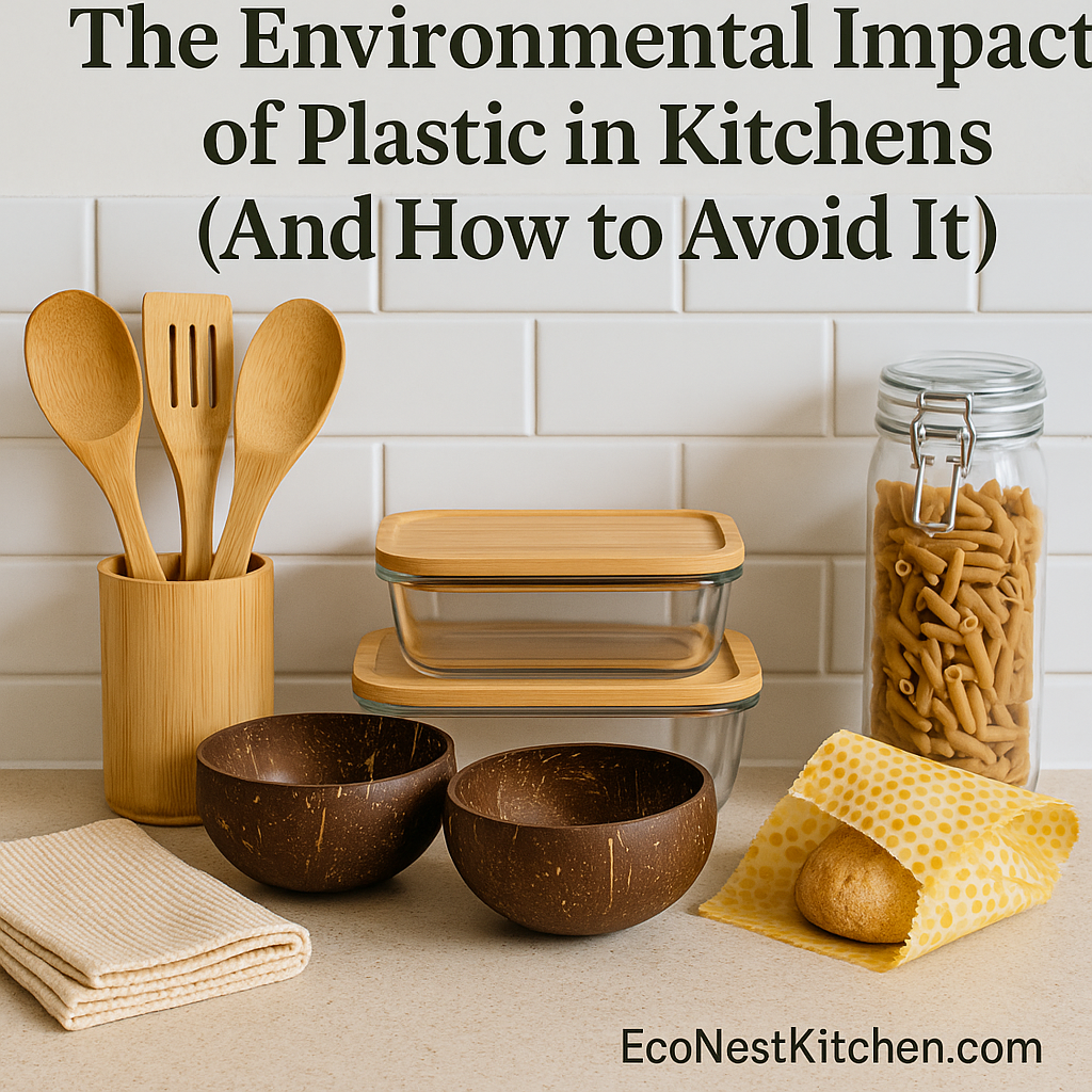 Eco-friendly kitchen countertop with sustainable utensils, coconut bowls, and plastic-free containers reducing environmental impact