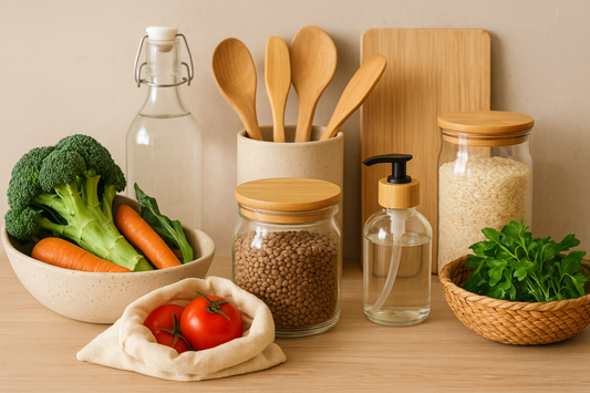 Eco-friendly kitchen with reusable containers, wooden utensils, and fresh produce symbolizing sustainable living.