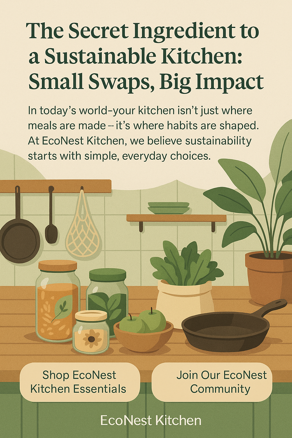 A modern eco-friendly kitchen with wooden countertops, plants, reusable jars, and sustainable cooking essentials, reflecting EcoNest Kitchen’s mission of stylish sustainability.