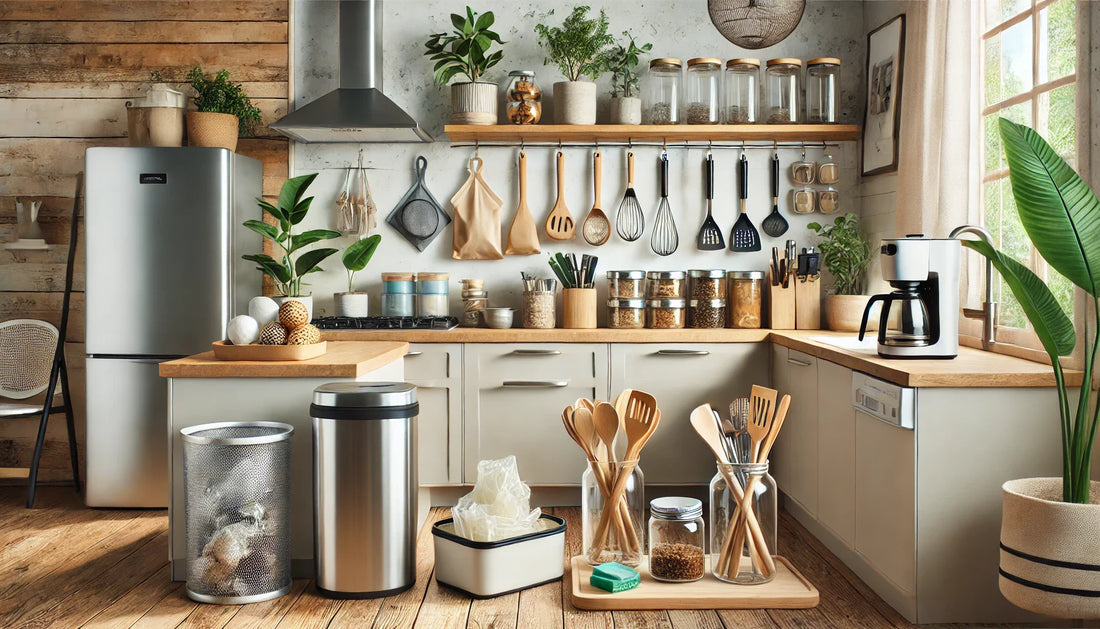 Bright modern kitchen showcasing reusable silicone food bags, beeswax wraps, bamboo utensils, and glass containers, embodying sustainable living.