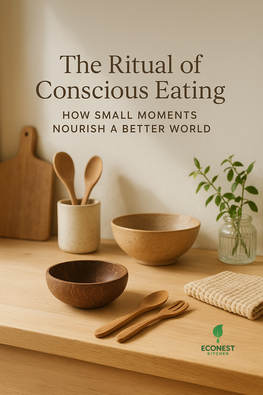 A serene eco-friendly kitchen setup featuring natural wooden utensils, coconut bowls, and soft sunlight symbolizing mindful eating.