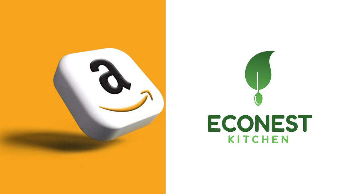 Side-by-side comparison of Amazon and EcoNest Kitchen logos, highlighting the difference between mainstream and eco-friendly kitchen solutions.
