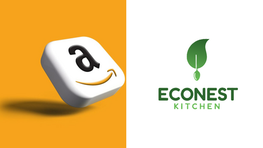 Side-by-side comparison of Amazon and EcoNest Kitchen logos, highlighting the difference between mainstream and eco-friendly kitchen solutions.