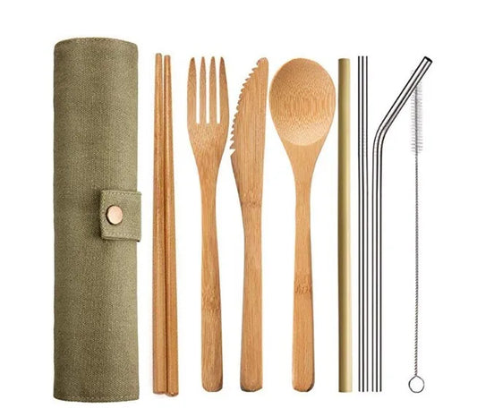 A stylish bamboo cutlery set with a fork, knife, spoon, chopsticks, straw, and a travel pouch—perfect for eco-conscious travelers and sustainable dining.