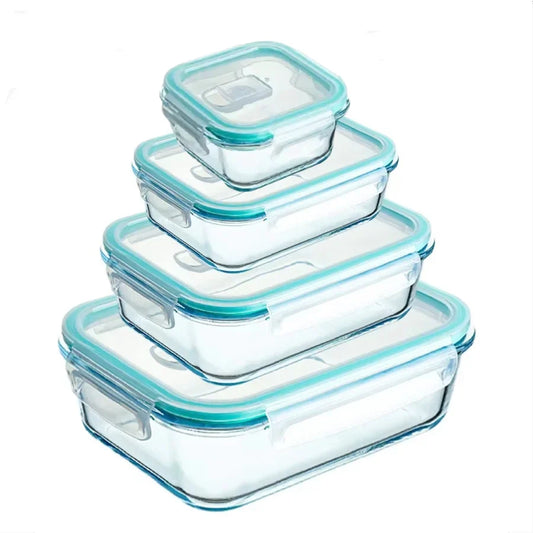 A modern kitchen counter with neatly stacked glass meal prep containers filled with fresh, colorful meals. Natural light highlights the eco-friendly design.
