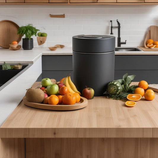 Eco-friendly compost bin on kitchen countertop with fresh fruit scraps, showcasing odor control and sustainable living.