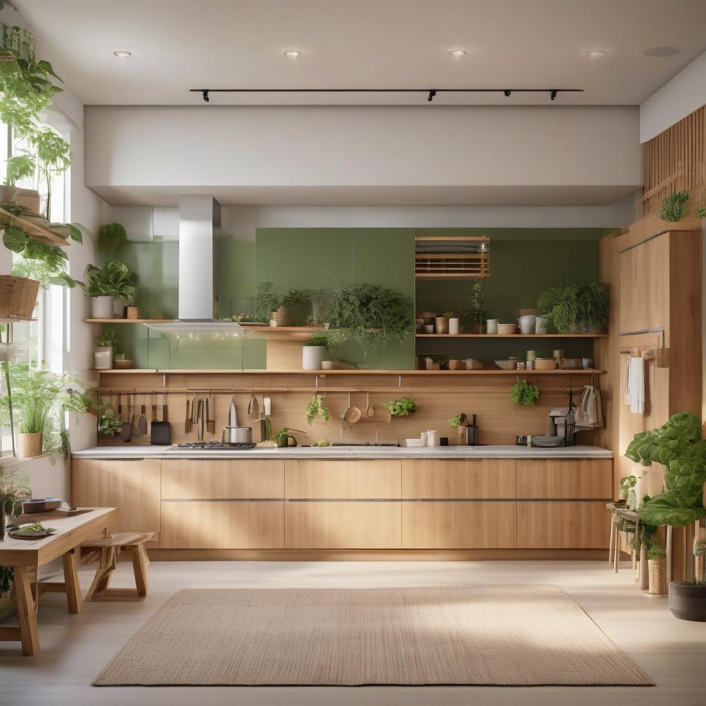 Sustainable kitchen with eco-friendly utensils like bamboo spoons, compostable sponges, and stainless steel straws arranged in a bright, airy kitchen setting.