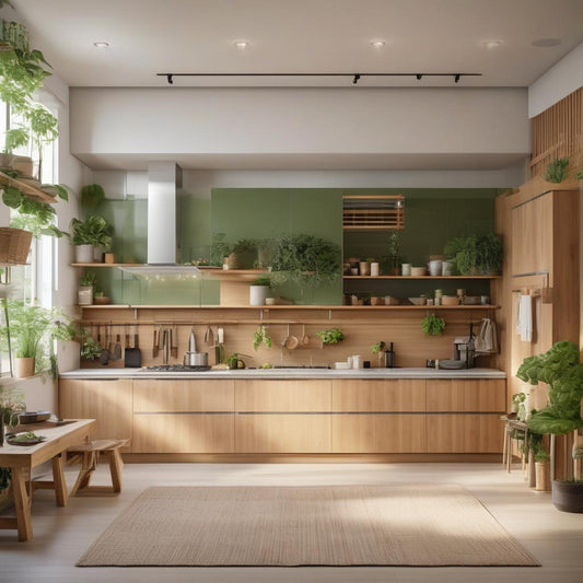 Sustainable kitchen with eco-friendly utensils like bamboo spoons, compostable sponges, and stainless steel straws arranged in a bright, airy kitchen setting.