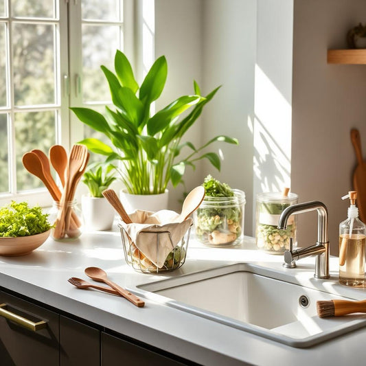 A bright, eco-friendly kitchen with bamboo utensils, reusable food wraps, and glass storage containers, showcasing sustainable and waste-free kitchen essentials.