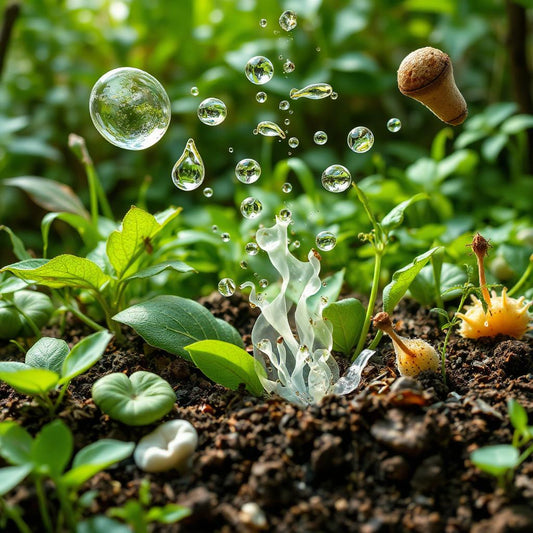 Biodegradable materials decomposing naturally in soil with microorganisms, fungi, and plants, illustrating the eco-friendly breakdown process.