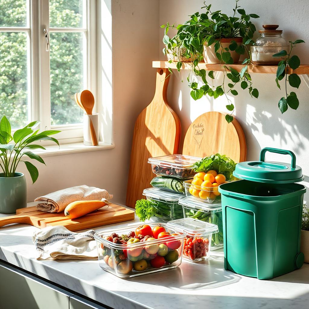 A bright and inviting sustainable kitchen with bamboo utensils, a wooden cutting board, reusable beeswax wraps, glass storage containers filled with fresh produce, and a stylish compost bin, surrounded by lush green plants and natural sunlight.