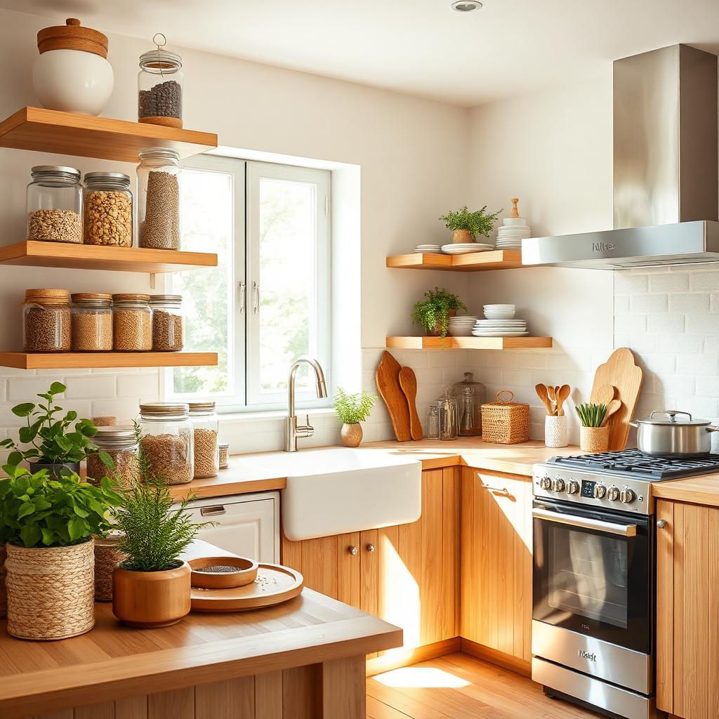 Sustainable modern kitchen featuring bamboo shelves, glass jars, and energy-efficient appliances.