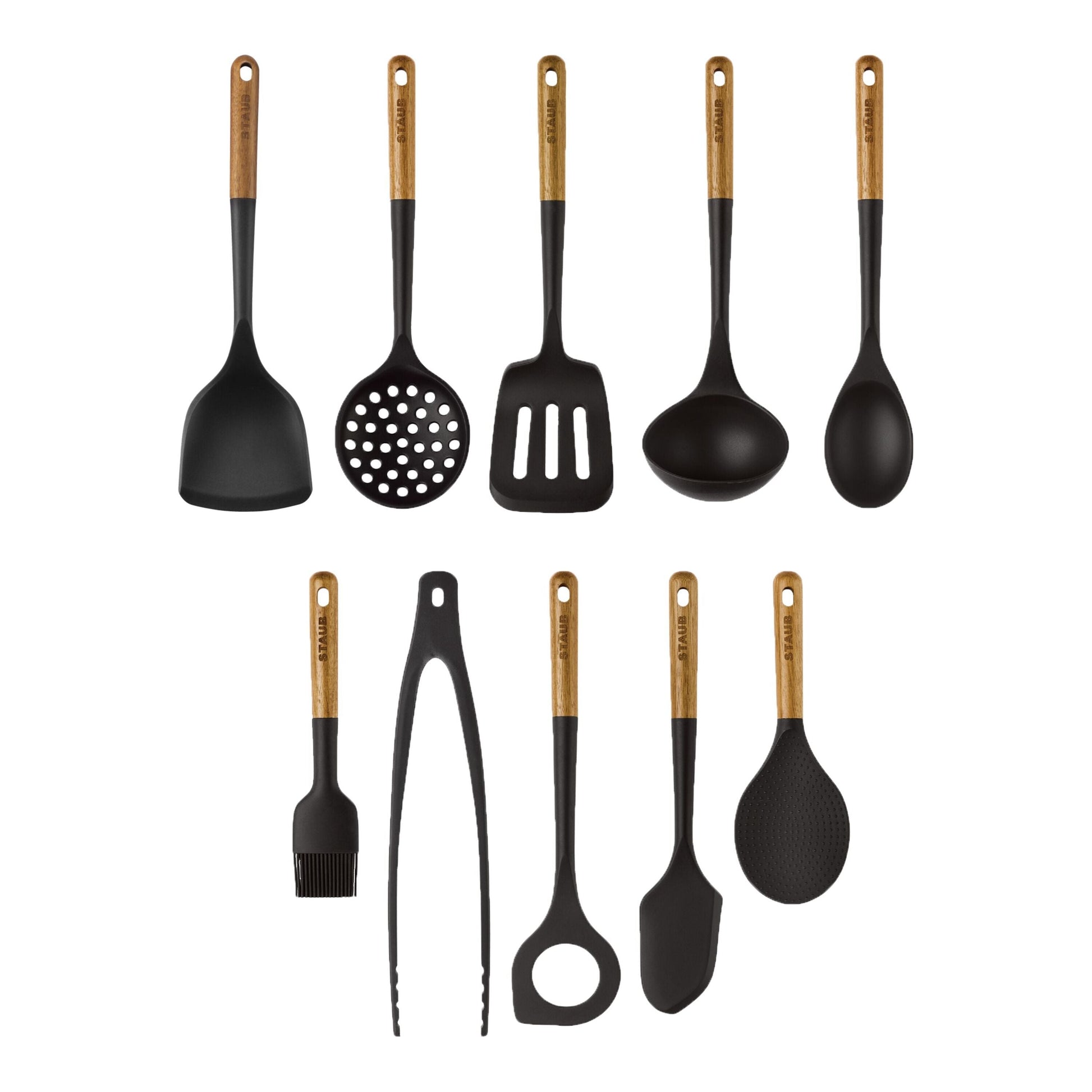 Set of black kitchen utensils with gold accents on a white background