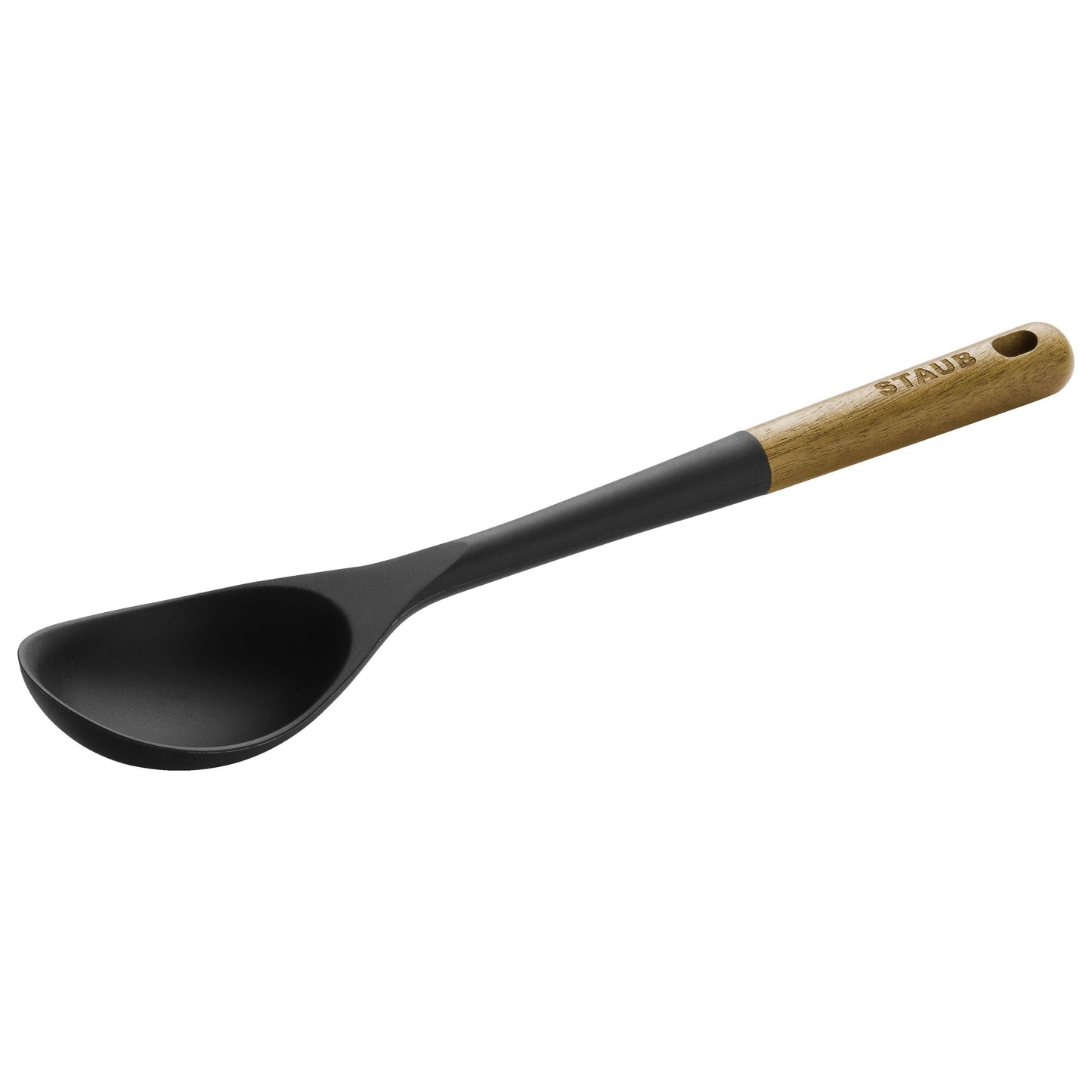 Black ladle with wooden handle on a white background