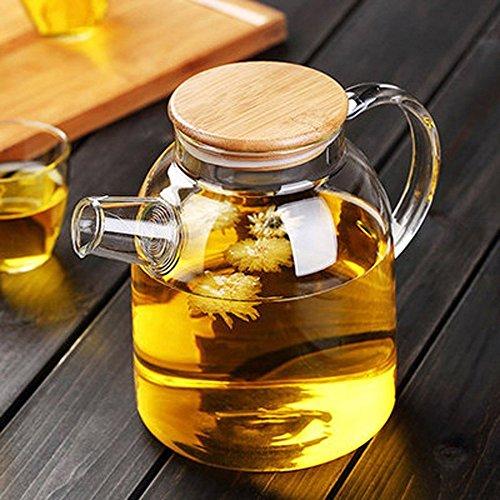 Thermo Glass Teapot 54 Fl Oz | High temperature and shock resistant, featuring bamboo lid and ergonomic design.