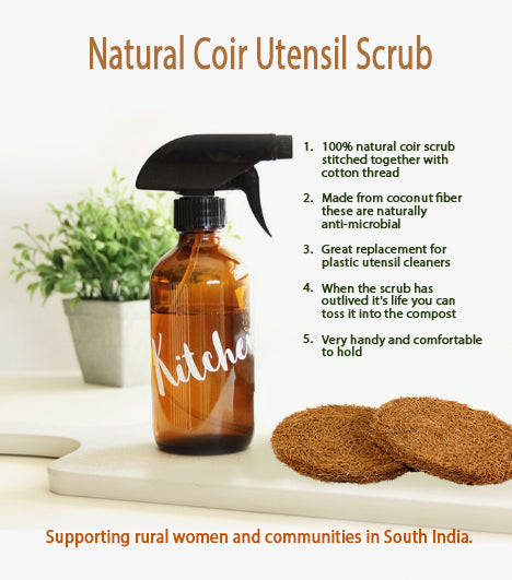 100% natural coconut coir utensil scrub in a circular design, eco-friendly dish cleaner made from sustainable coir fiber, perfect for non-stick cookware and zero-waste kitchens.