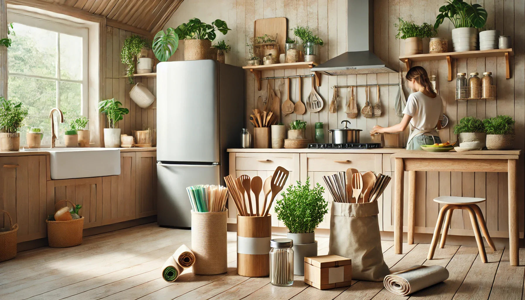 Modern eco-friendly kitchen setup by EcoNest Kitchen featuring biodegradable kitchen products, including bamboo utensils, reusable food storage bags, and stainless steel straws, set against a sleek minimalist background with natural lighting and greenery. Perfect for zero-waste and sustainable living enthusiasts.