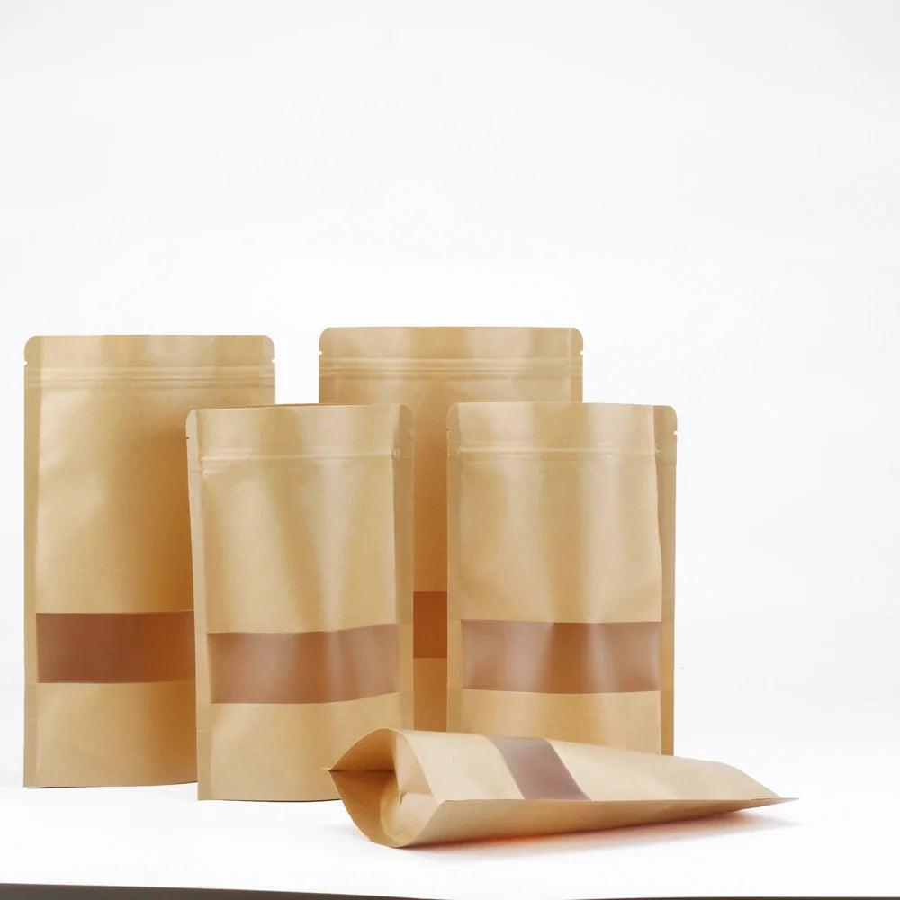 EcoNest Kitchen kraft paper zip lock bags with window, compostable and ideal for eco-friendly food storage and small business packaging.