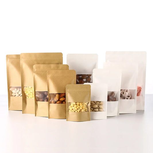 EcoNest Kitchen kraft paper zip lock bags with window, compostable and ideal for eco-friendly food storage and small business packaging.