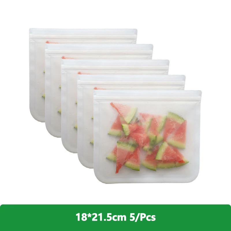 EcoNest Kitchen reusable silicone Ziplock bags (1/2/3/5 pcs), leakproof and BPA-free, ideal for storing meat, fruits, and veggies in a white transparent design."