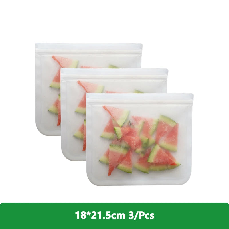 EcoNest Kitchen reusable silicone Ziplock bags (1/2/3/5 pcs), leakproof and BPA-free, ideal for storing meat, fruits, and veggies in a white transparent design."