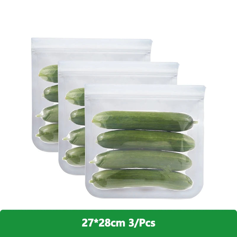 EcoNest Kitchen reusable silicone Ziplock bags (1/2/3/5 pcs), leakproof and BPA-free, ideal for storing meat, fruits, and veggies in a white transparent design."