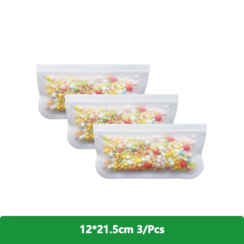 EcoNest Kitchen reusable silicone Ziplock bags (1/2/3/5 pcs), leakproof and BPA-free, ideal for storing meat, fruits, and veggies in a white transparent design."