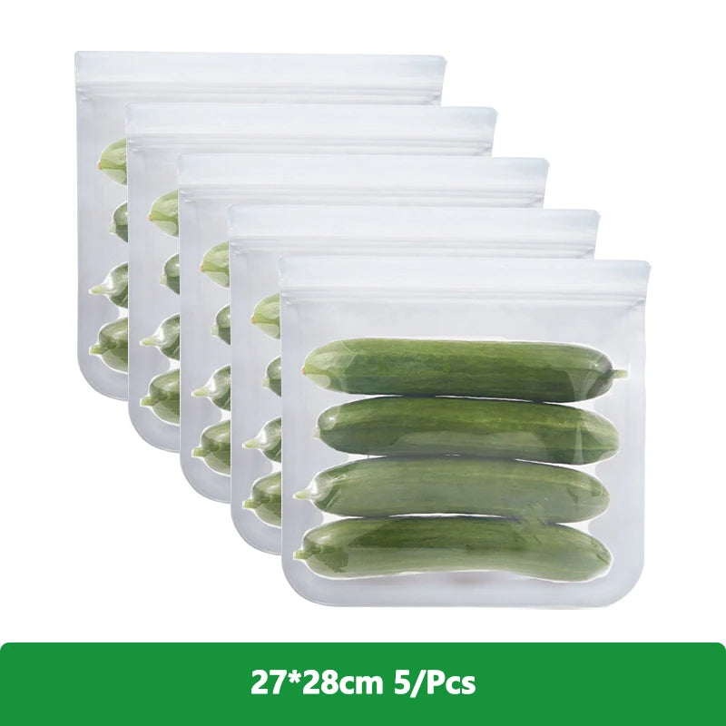 EcoNest Kitchen reusable silicone Ziplock bags (1/2/3/5 pcs), leakproof and BPA-free, ideal for storing meat, fruits, and veggies in a white transparent design."