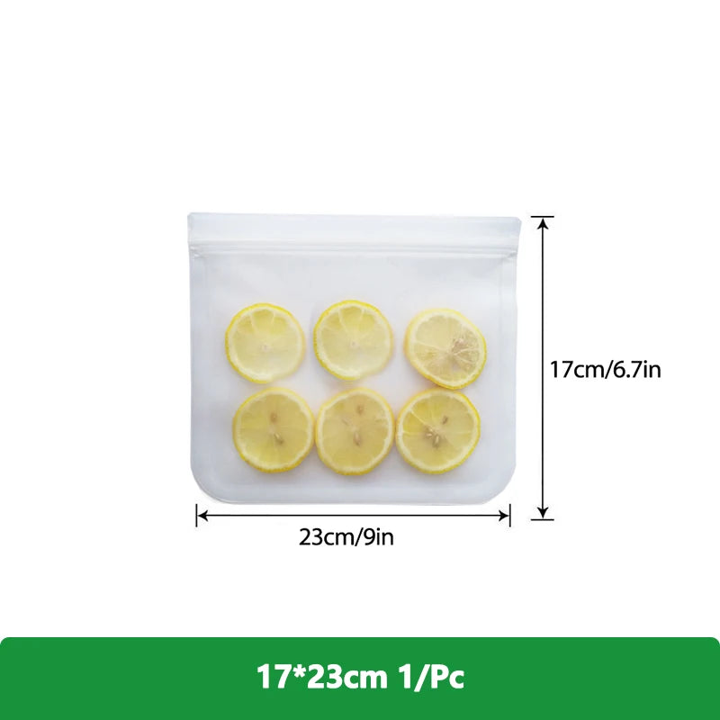 EcoNest Kitchen reusable silicone Ziplock bags (1/2/3/5 pcs), leakproof and BPA-free, ideal for storing meat, fruits, and veggies in a white transparent design."