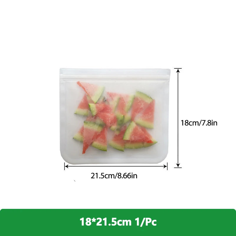 EcoNest Kitchen reusable silicone Ziplock bags (1/2/3/5 pcs), leakproof and BPA-free, ideal for storing meat, fruits, and veggies in a white transparent design."